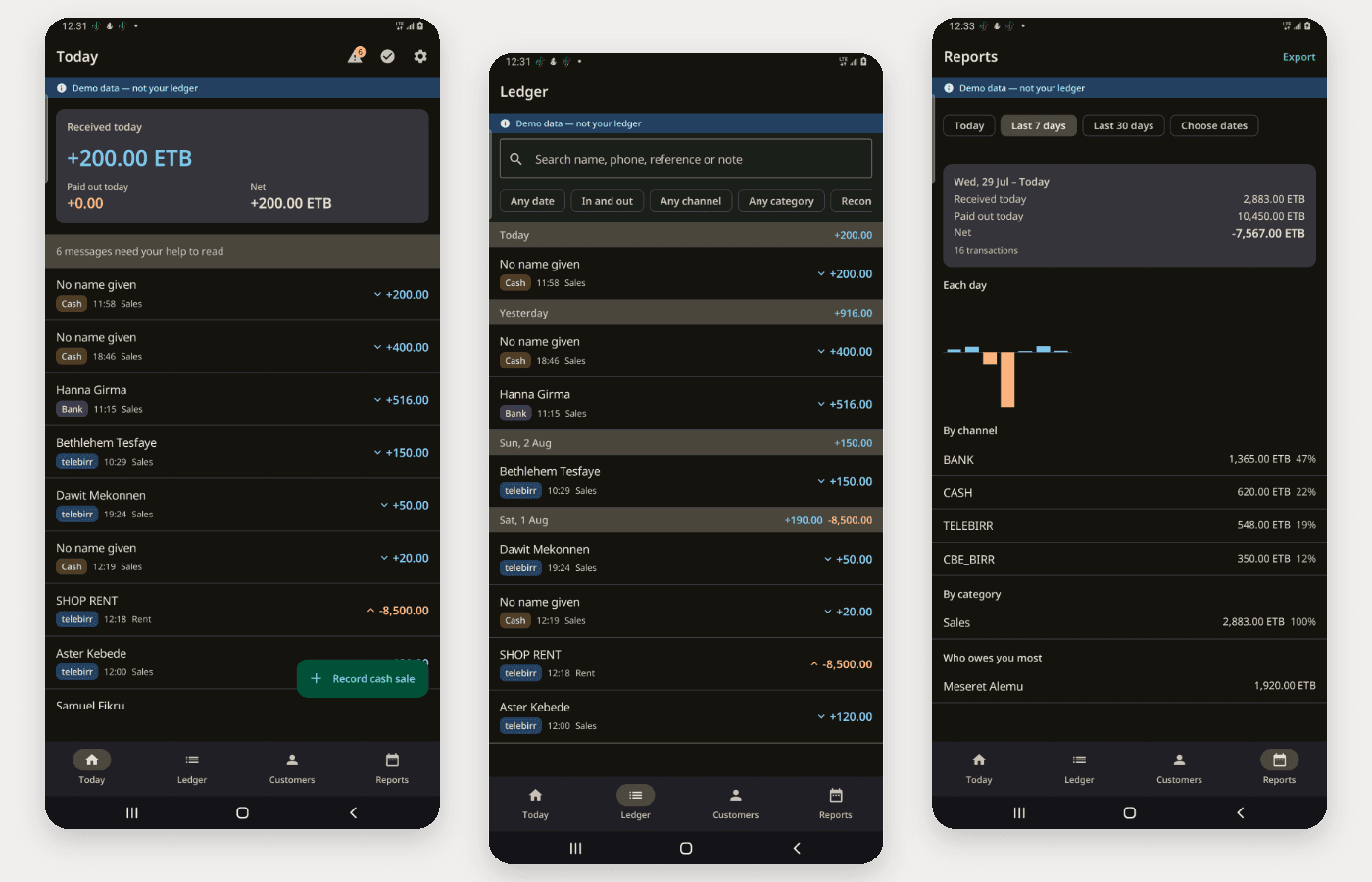 Three Mezgeb Android screens showing the daily view, ledger and reports
