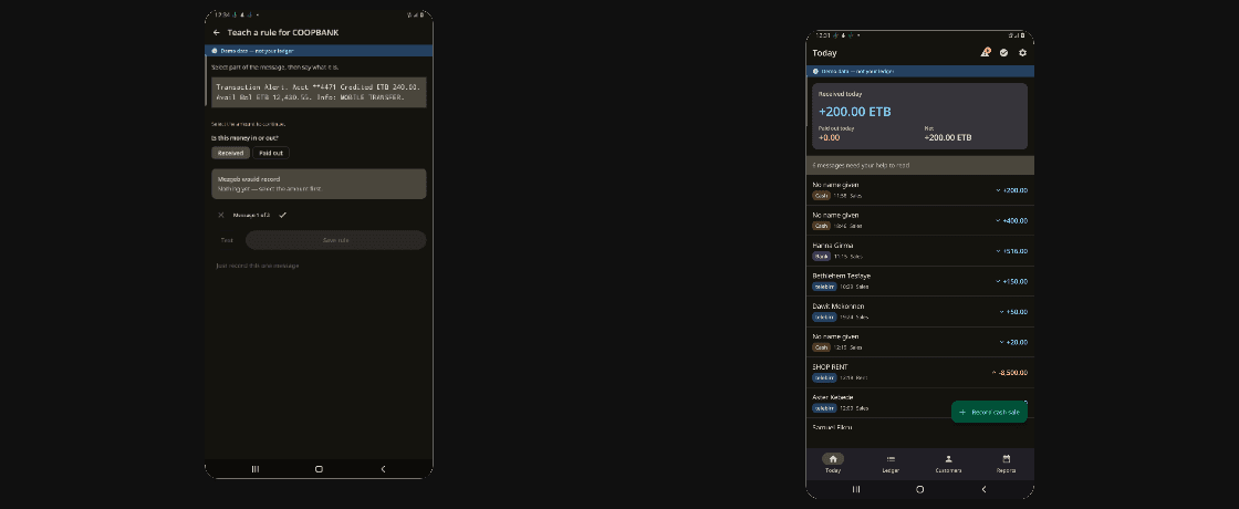 Two Mezgeb Android screens: the teach-a-rule flow and the daily ledger view